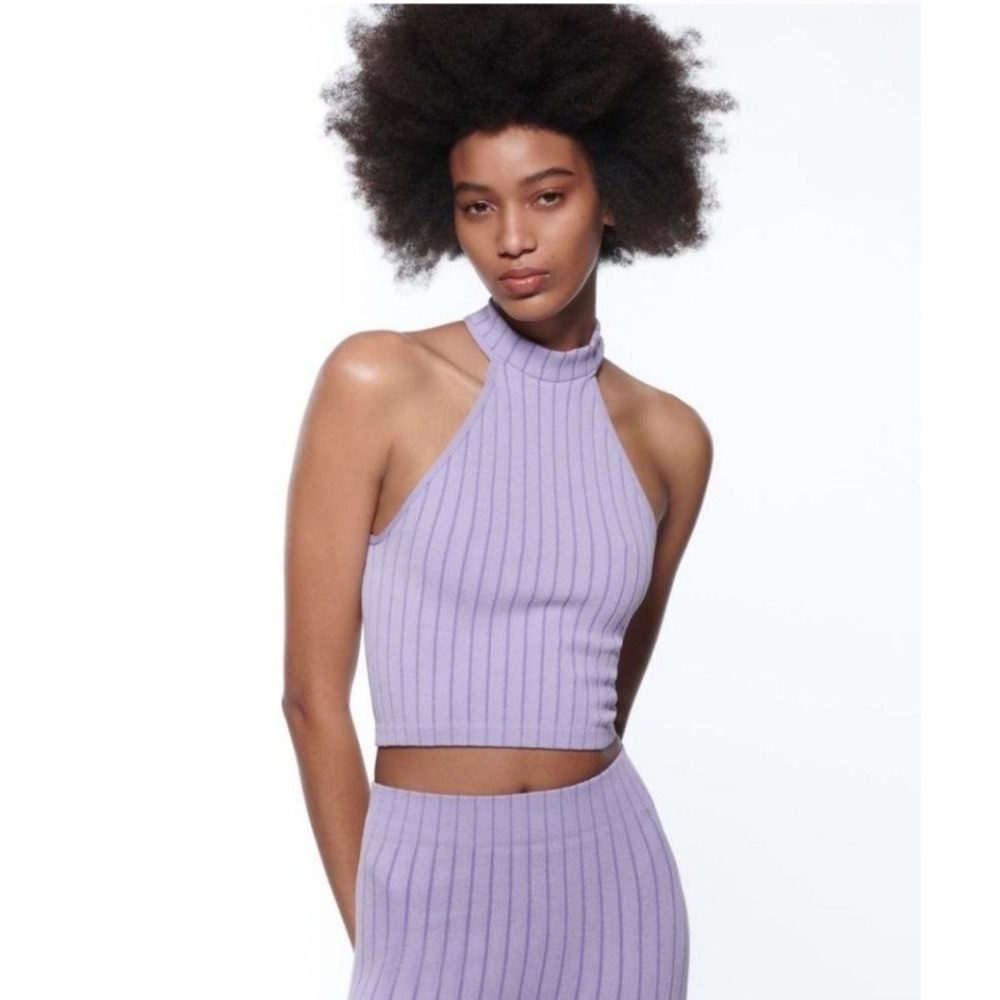 Zara Lilac Purple Ribbed Knit Halter Mock Neck Crop Top NWT Size XS S